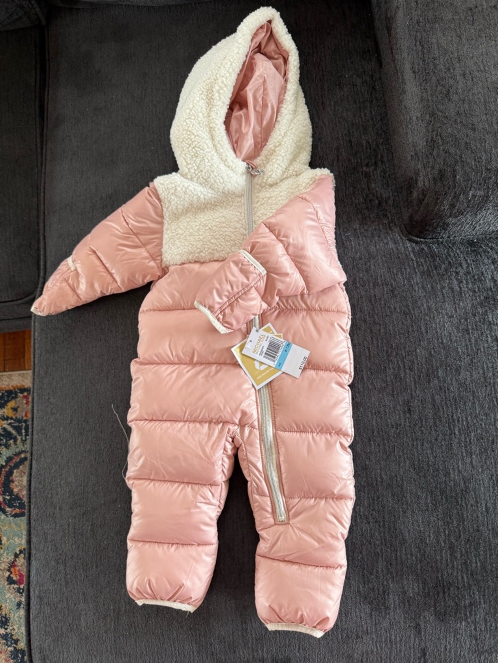 Michael Kors Blush Pink Puffer Baby Bunting with Cream Trim